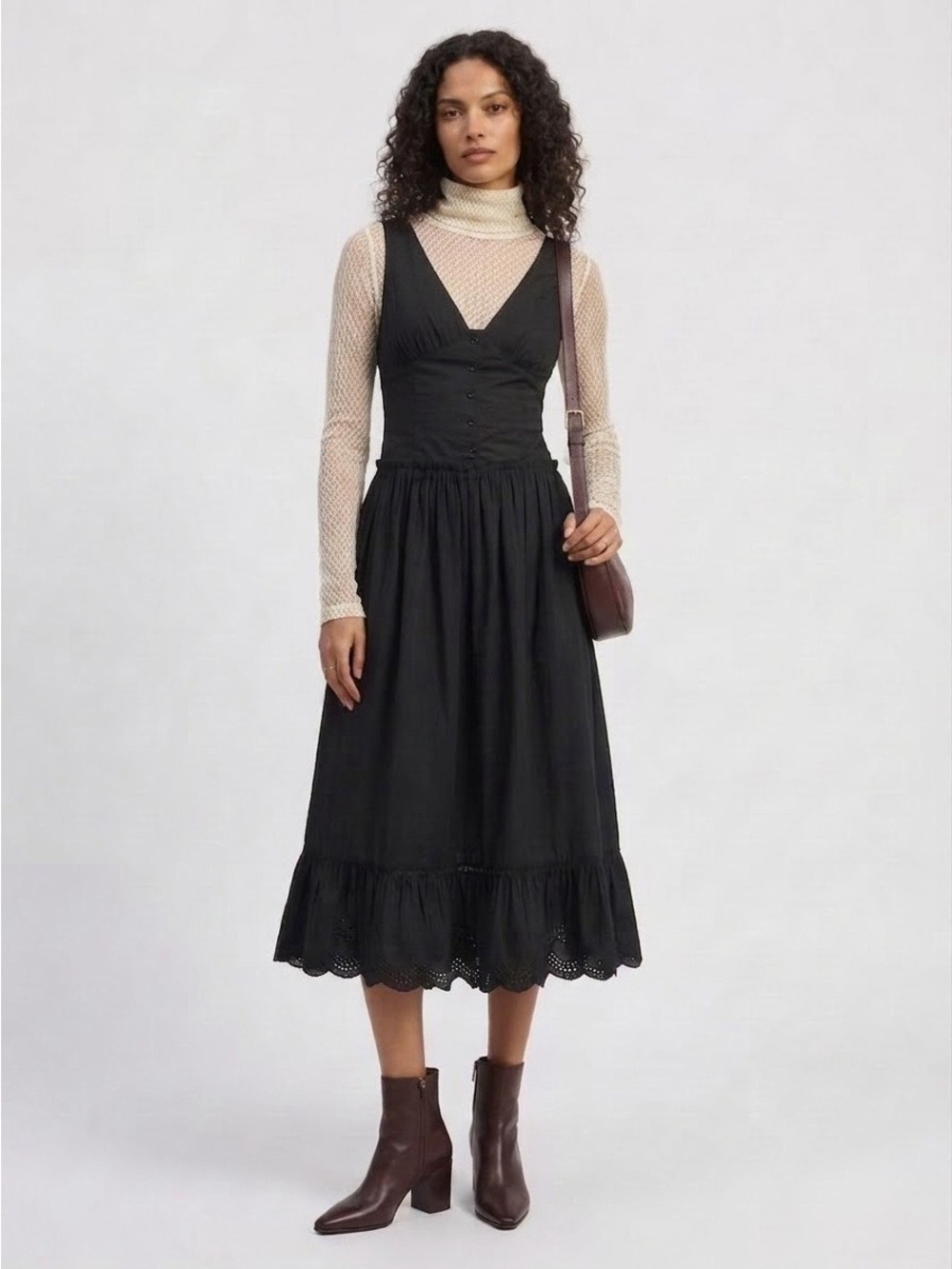 [NWOT] Jacqui E Black V-Neck Sleeveless Midi Dress with Scalloped Hem